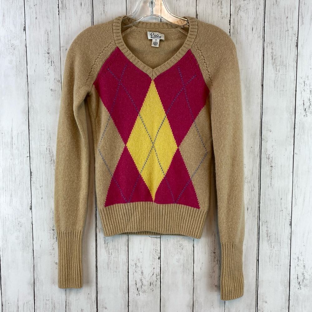 Lilly Pulitzer Tan Cashmere Argyle Long Sleeve V-Neck Preppy Sweater Size XS